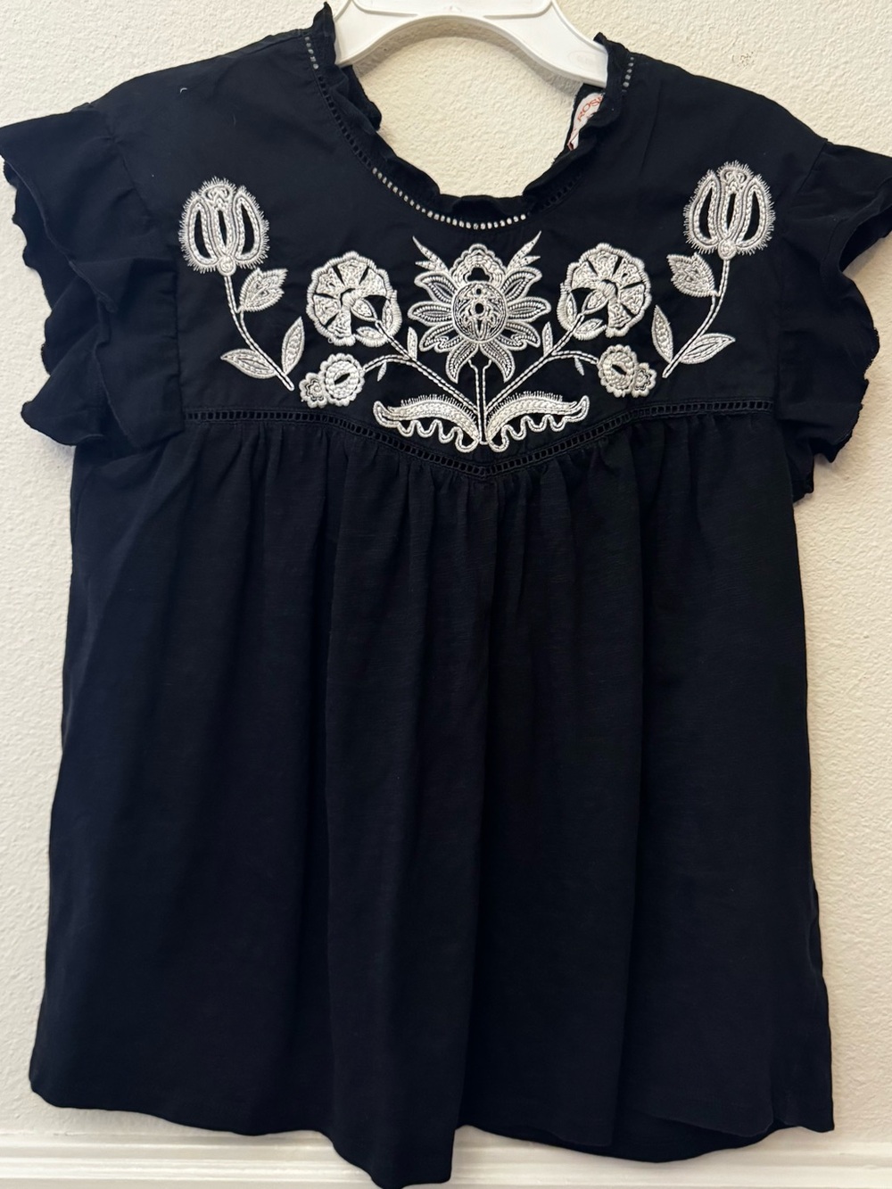 Knox Rose Black Top with White Embroidery Detail